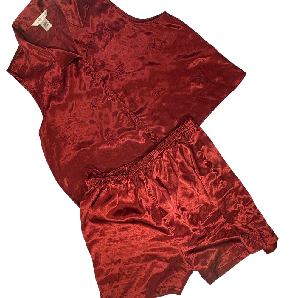 Vtg‎ 90s Private Luxuries Copper Satin Pajama Set XXL Embroidered Floral Mervyns